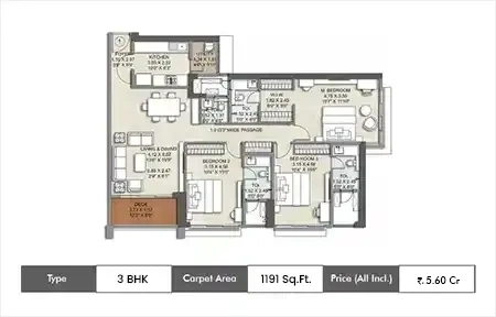 Kalpataru Advay 3 BHK floor plan, 1191 sq ft carpet area