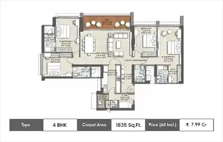 Kalpataru Advay 4 BHK floor plan, 1835 sq ft carpet area